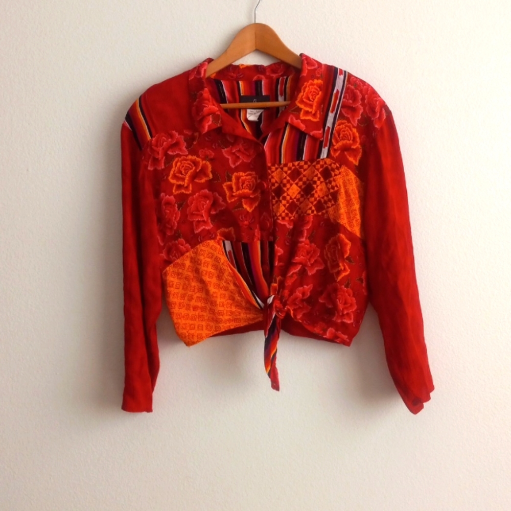 Vintage Carol Little Patch Work Tie Blouse Size 14